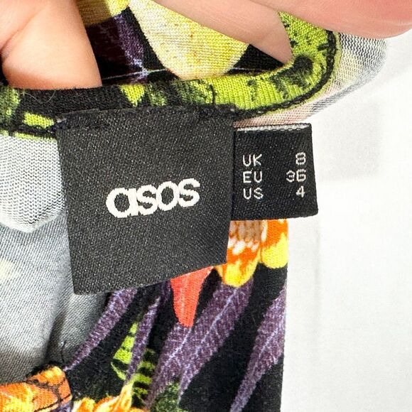 ASOS Size 4 Romper Tropical Print Floral Pineapples Mini Knit V Neck Stretch 623 - Picture 6 of 7